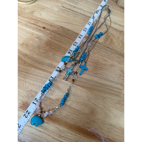 Layered Turquoise Look & Silver Tone Necklace Set With Cross & Bear Pendants - Picture 6 of 10